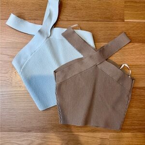 Ribbed Cross-Back Crop Tops in Blue and Brown